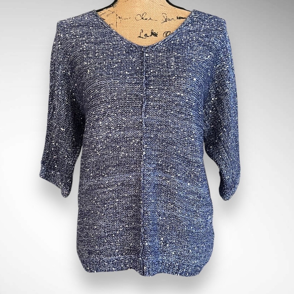 H BY HALSTON Blue Sparkly V-Neck Sweater With Sequin Accents Size XL |‎ EUC